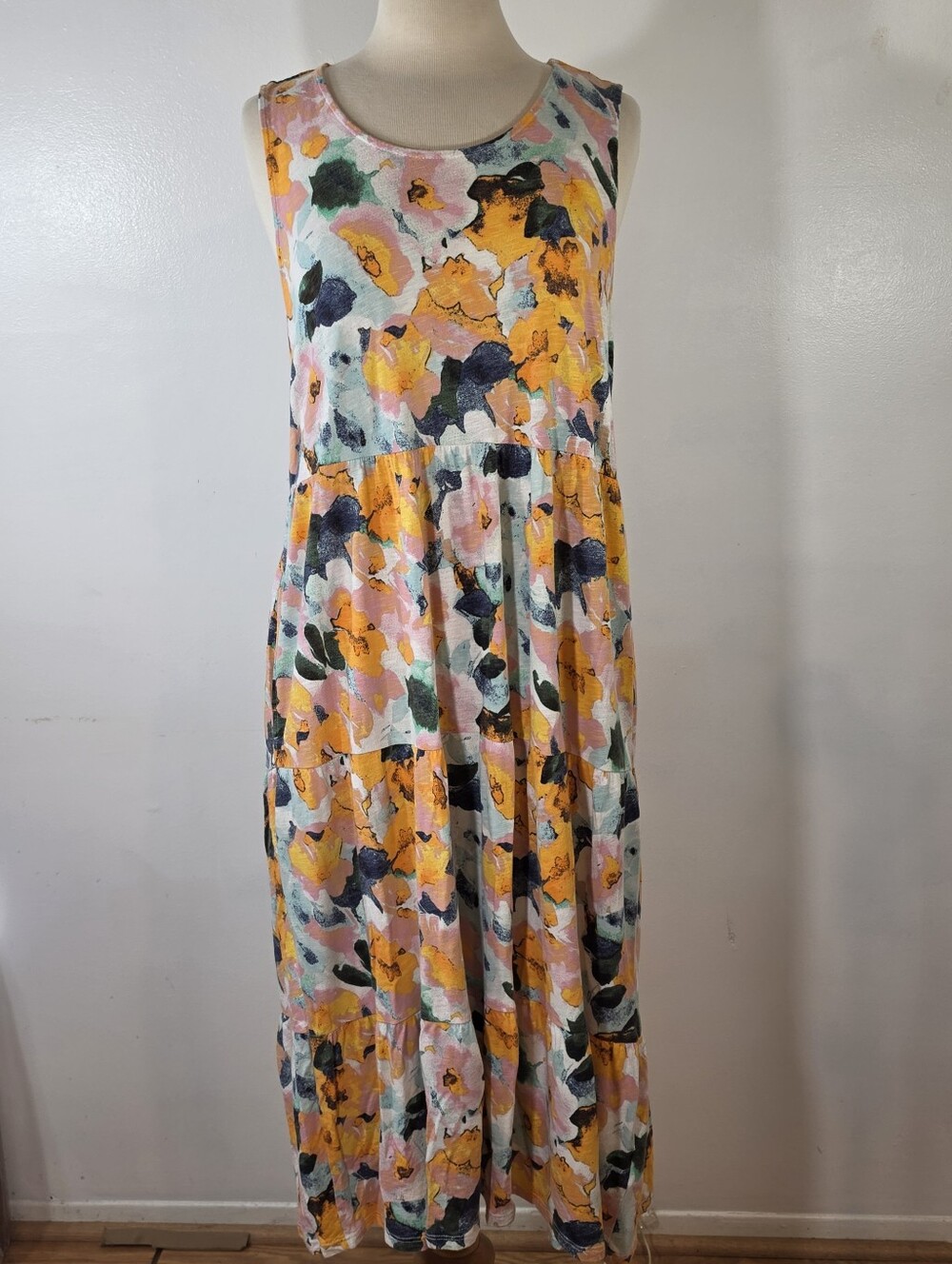 Denim&Co Beach Sleeveless Multicolor Floral Print Tiered Maxi Dress Medium